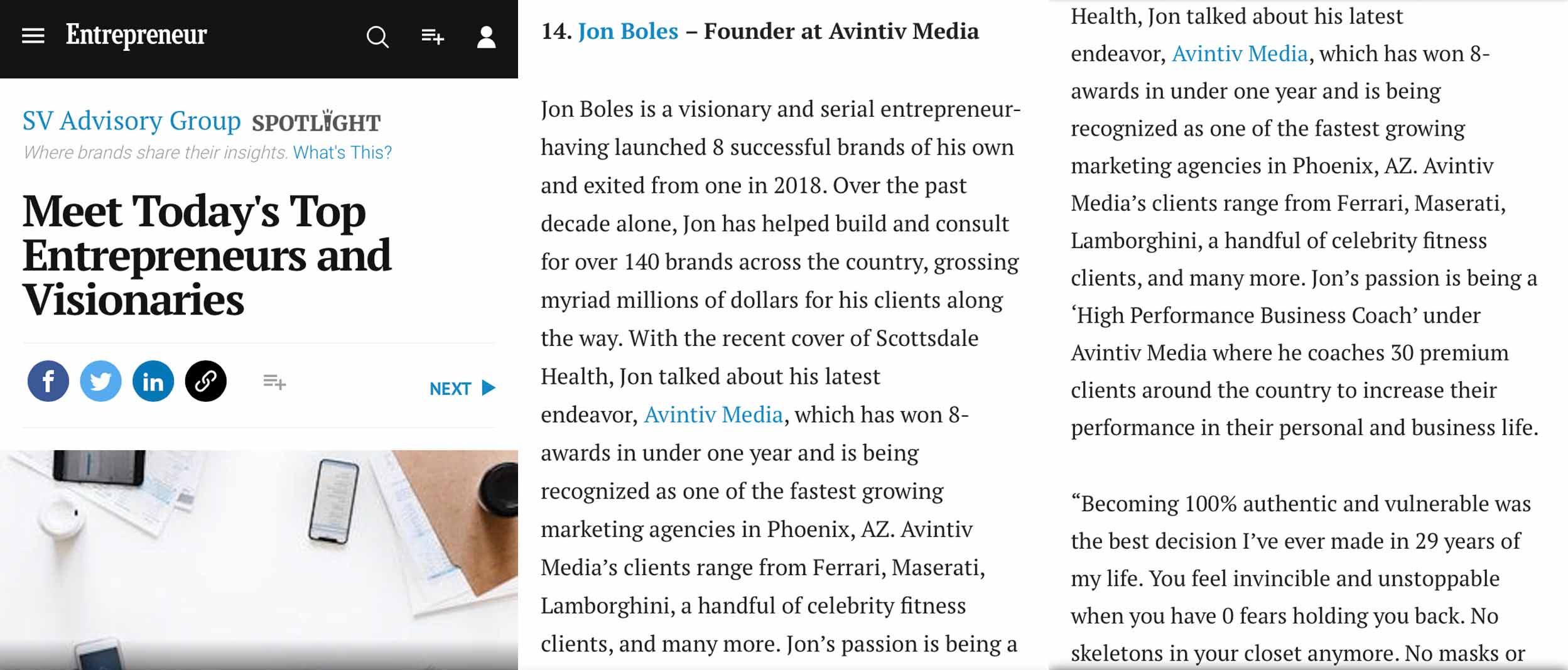 Top Entrepreneur, Top Visionary, Jon Boles, CEO, Entrepreneur.com, Avintiv Media, Feature, Press